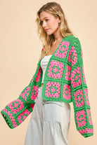 Davi & Dani Pink & Green Two Tone Flower Square Crochet Open Front Cardigan Trendsi