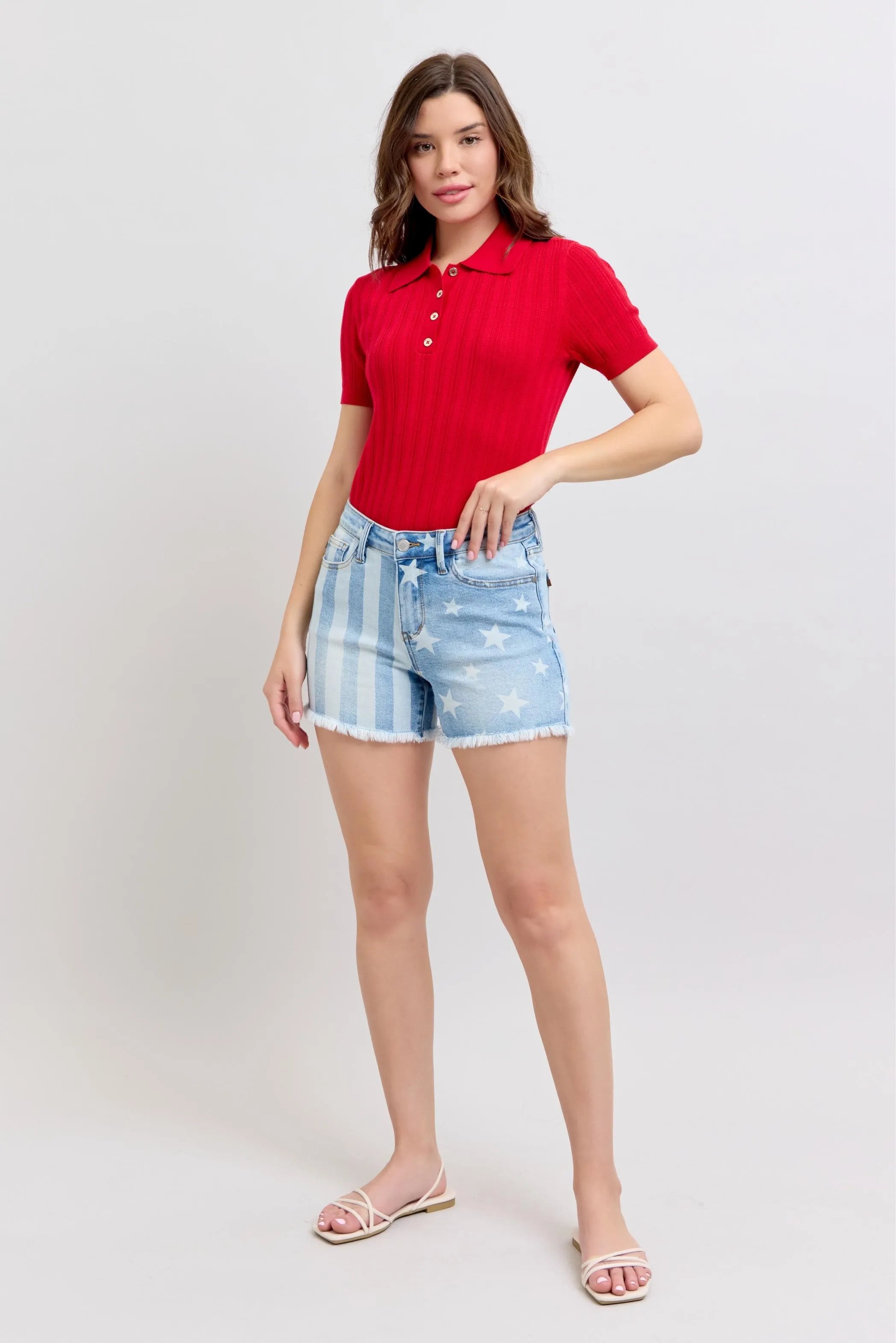 Judy Blue Star & Stripe Bleach Discharge Fray Hem Denim Shorts