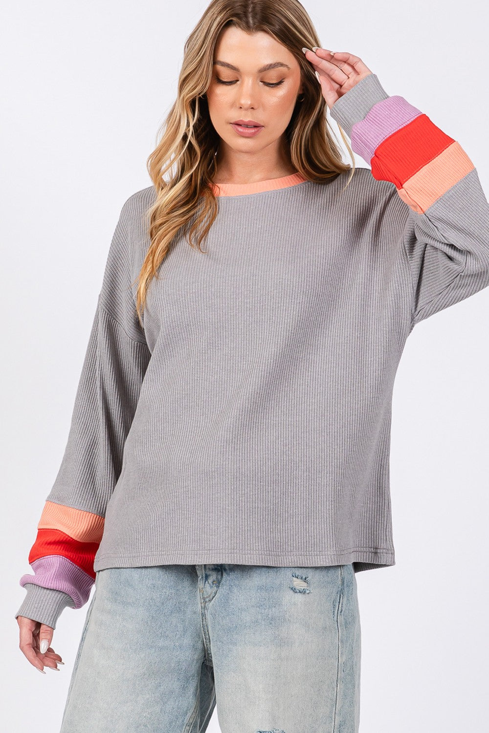 SAGE + FIG Grey Color Block Waffle Knit T-Shirt Trendsi