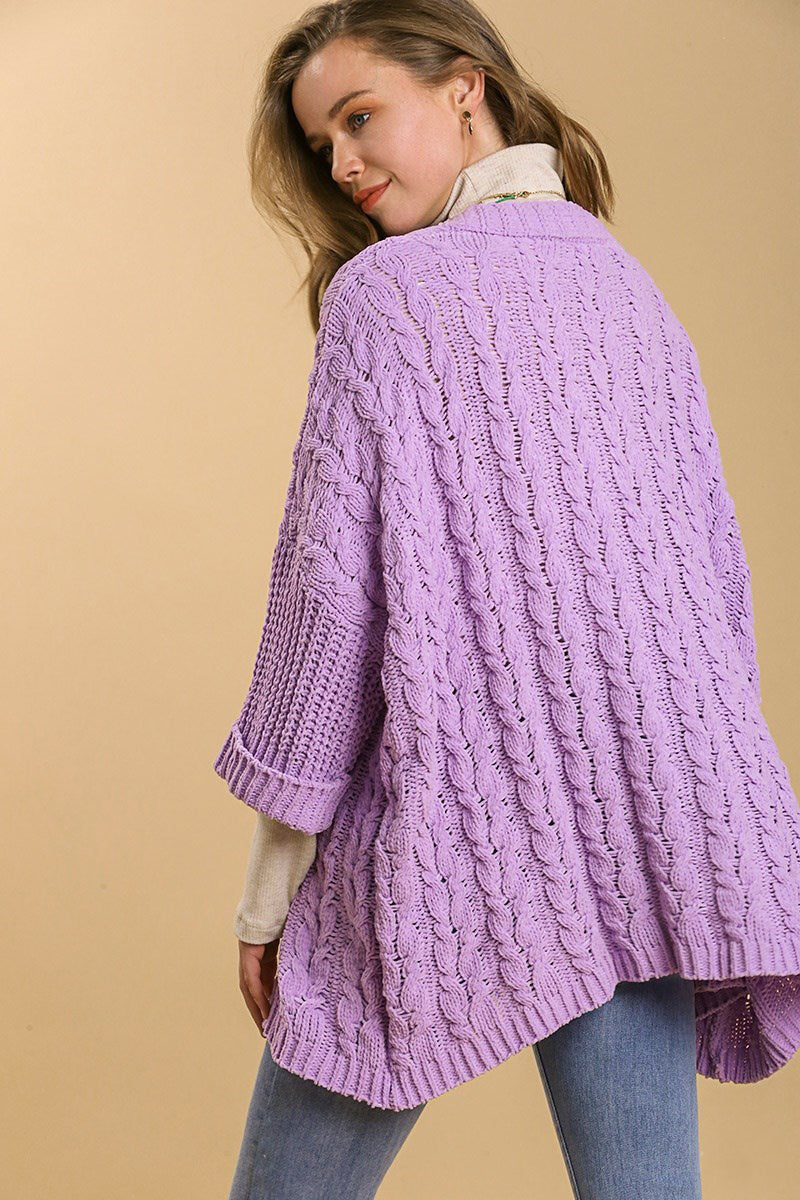 Umgee Lilac Cable Knit Open Front Long Sleeve Cardigan Cardigan