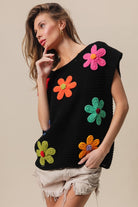 BiBi Black Flower Round Neck Cap Sleeve Knit Top Trendsi