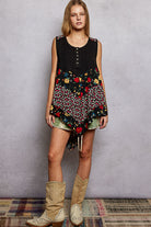POL Black Round Neck Ribbed Tank with Woven Print Patch
