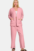 Zenana Dusty Pink Quilted Button Up Long Sleeve Top and Pants Lounge Set