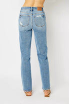 Judy Blue Medium Washed High Waist Straight Jeans with Heavy Destroy Hem