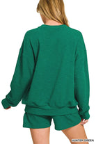 Zenana Hunter Green Slub Long Sleeve Top and Shorts Set