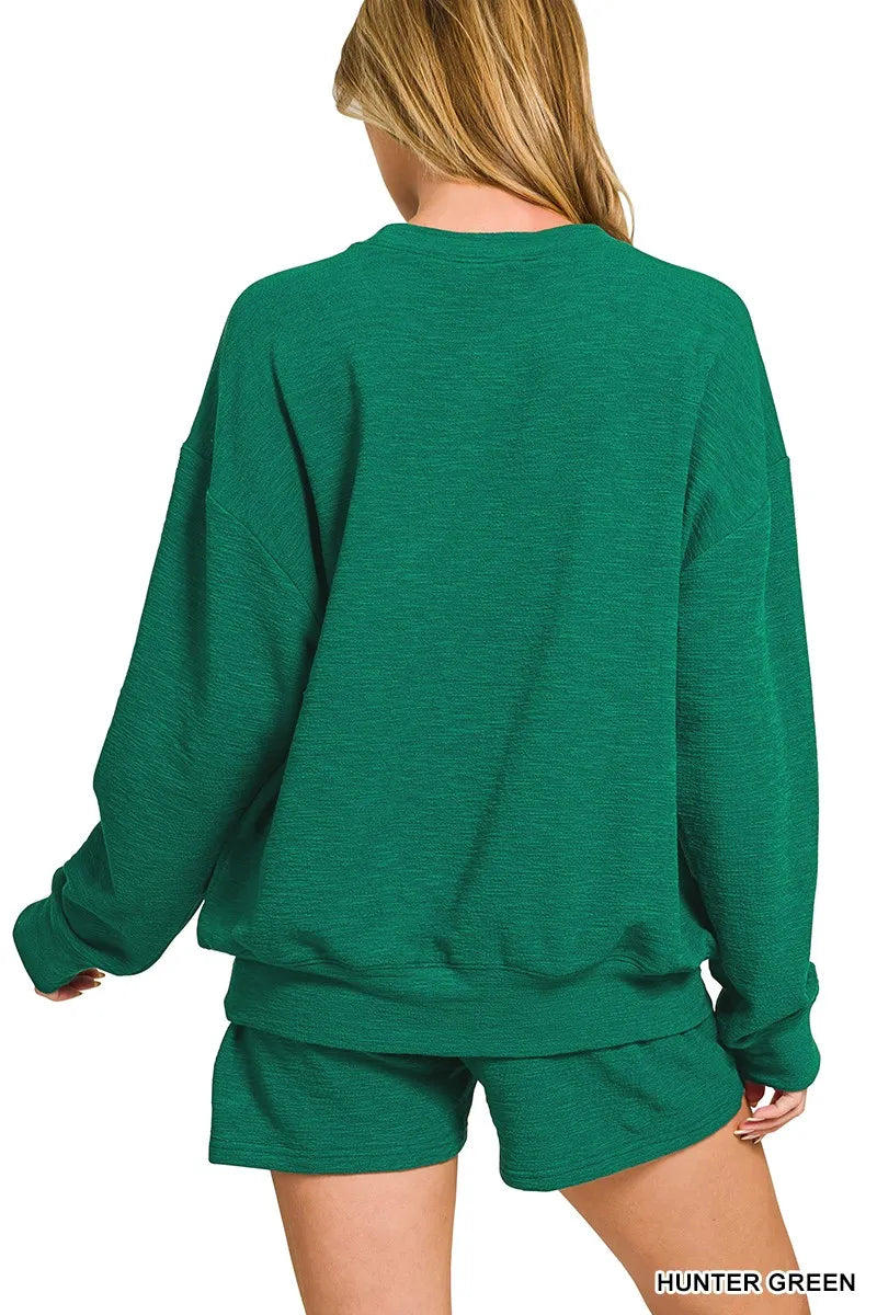 Zenana Hunter Green Slub Long Sleeve Top and Shorts Set