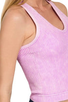 Zenana Bright Lavender Washed Ribbed Seamless Bra Padded V-neck Tank Top