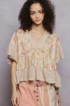 POL Almond Floral Print V-Neck Woven Blouse with Gentle Gathers ALMOND