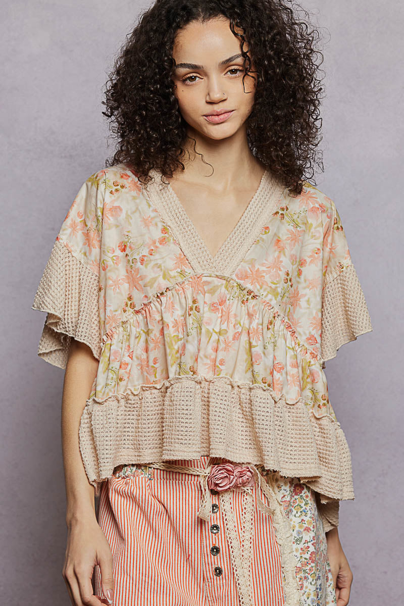 POL Almond Floral Print V-Neck Woven Blouse with Gentle Gathers ALMOND