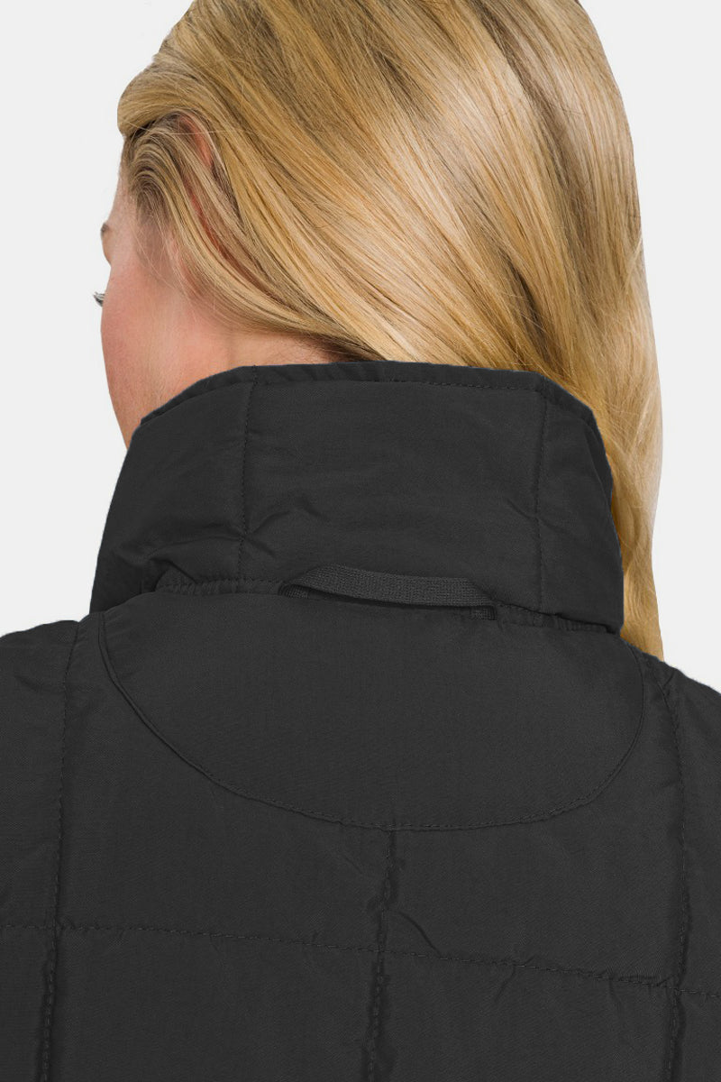 Zenana Black Zip Up Cropped Puffer Vest with Pockets Trendsi