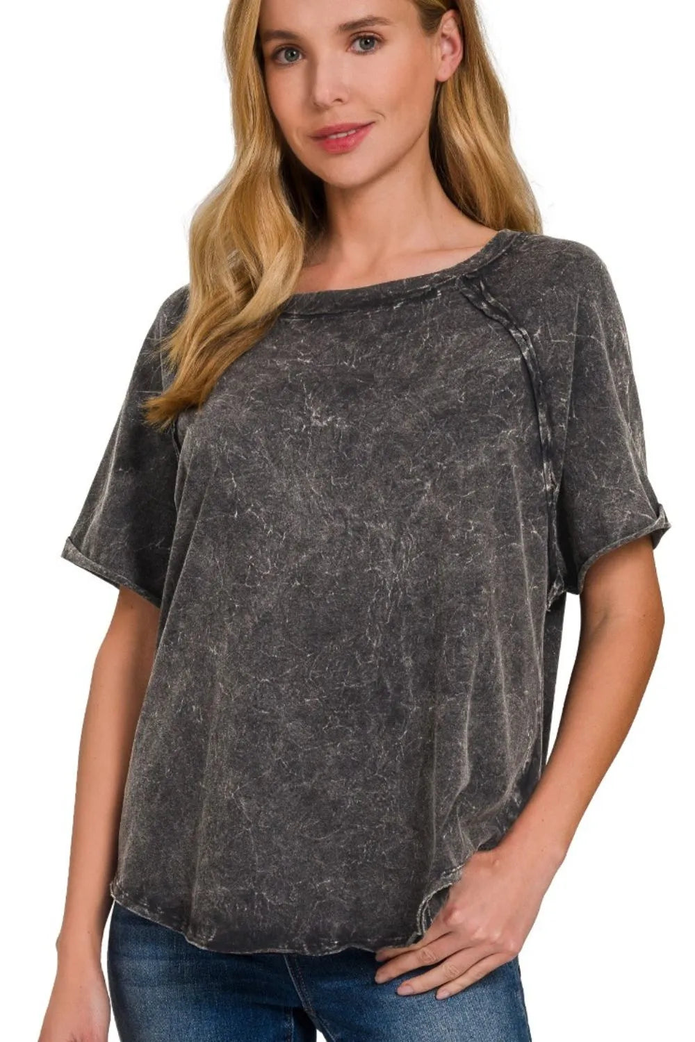 Zenana Ash Black Back Patch Crinkle Washed Raglan Sleeve T-Shirts
