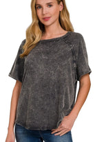 Zenana Ash Black Back Patch Crinkle Washed Raglan Sleeve T-Shirts