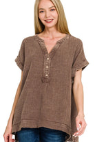 Zenana Brown Washed Double Gauze 3/4 Button Henley Neck Shirt