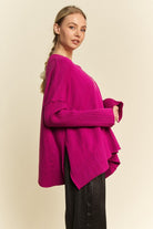 Davi & Dani Cerise Ribbed Side Slit V-Neck Sweater Shirts & Tops