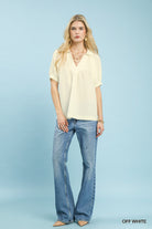 Umgee Off White Textured Trim Detail Short Sleeve Top