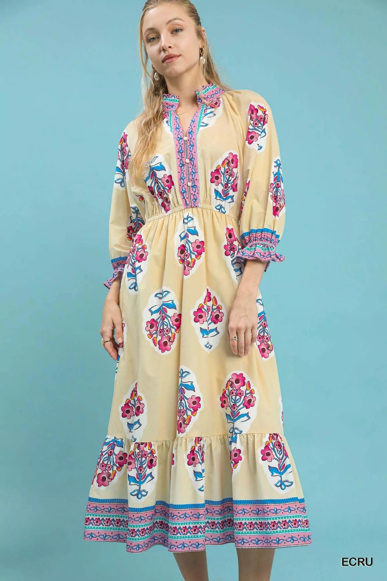 Umgee Ecru Flower Patch Border Print Midi Dress
