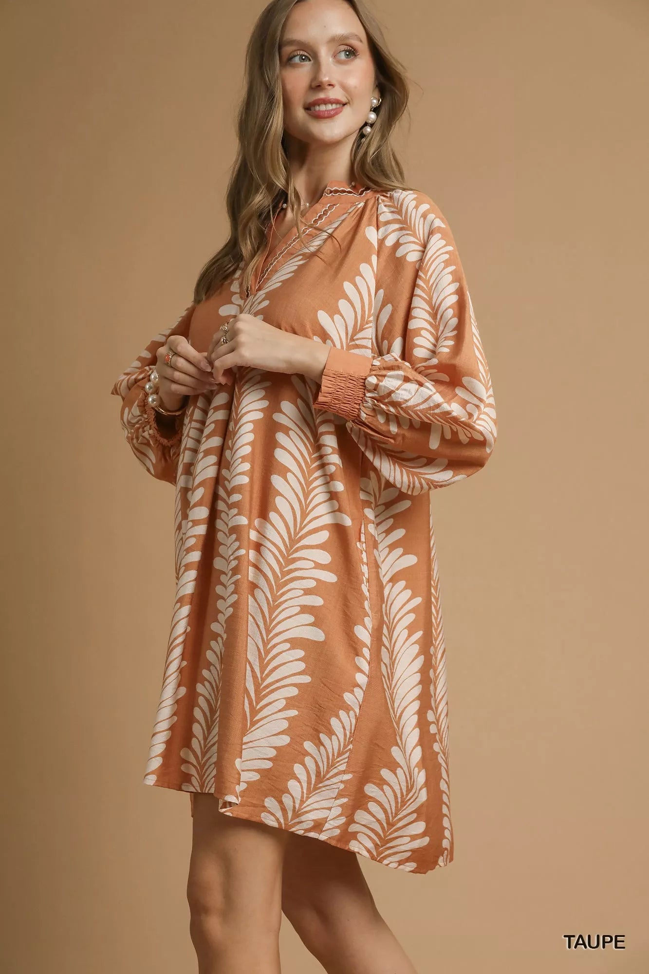 Umgee Taupe Leaf Print Notched Mini Babydoll Dress