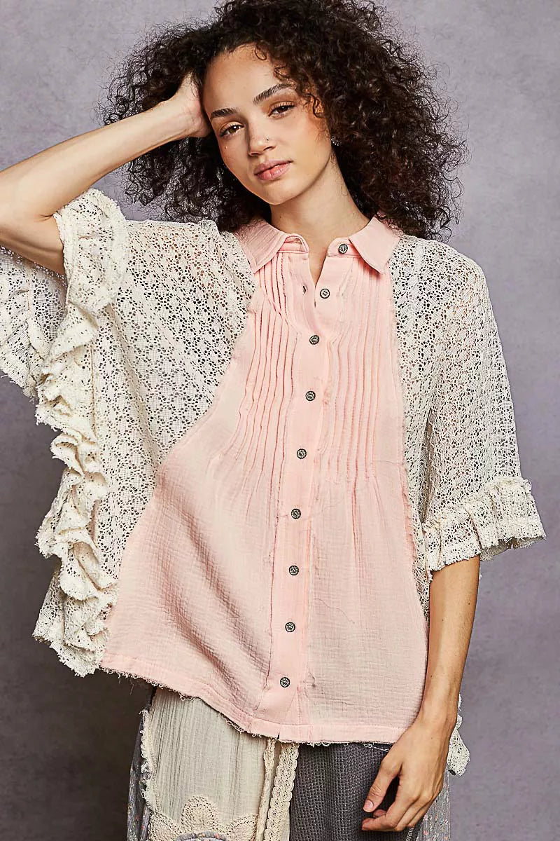 POL Baby Pink Button Down Front Pleated Shirt with Crochet Patch