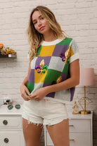 BiBi Sequin Embroidery Mardi Gras Checker Sweater Top