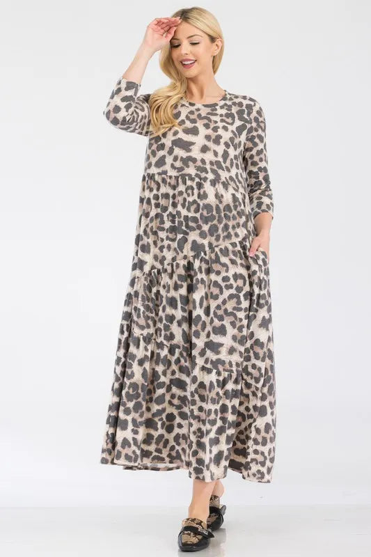 Celeste Leopard Print Asymmetric Tiered Midi-Dress