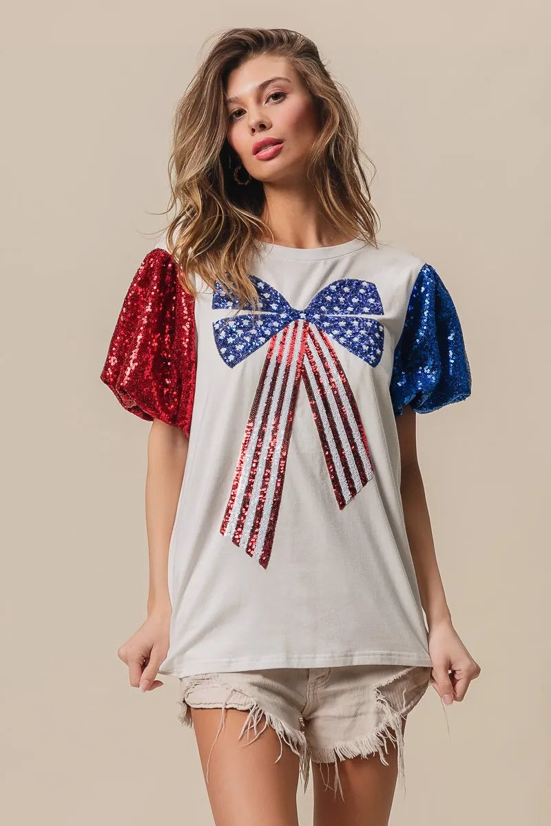 BiBi Sequin American Flag Bow Top OFF WHITE