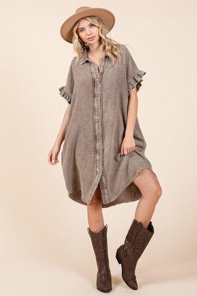 Mittoshop Toffee Mineral Wash Cotton Gauze Mini Shirt Dress Toffee