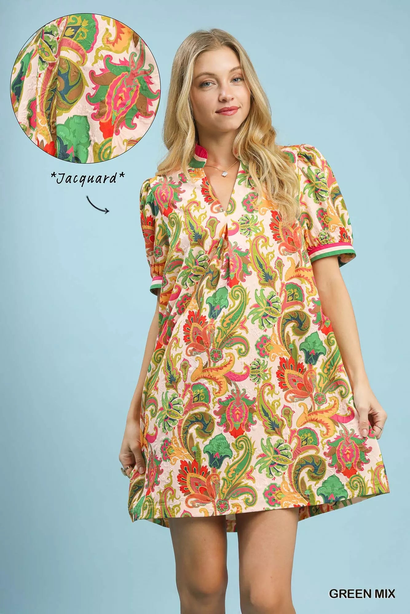Umgee Green Mix Jacquard Abstract Print Mini Dress GREEN MIX