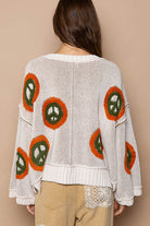 POL Cream V Neck Long Sleeve Peace Pattern Sweater Trendsi