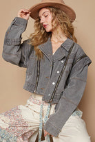 POL Dark Gray Cropped Denim Jacket with Functional Zipper Detail