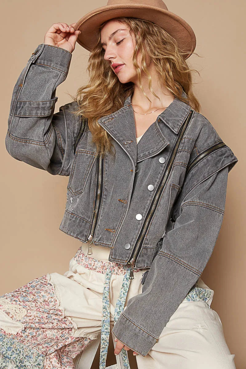 POL Dark Gray Cropped Denim Jacket with Functional Zipper Detail