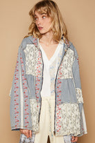 POL Embroidered Lace Patch Zip Up Hooded Jacket in Denim Multi Coats & Jackets