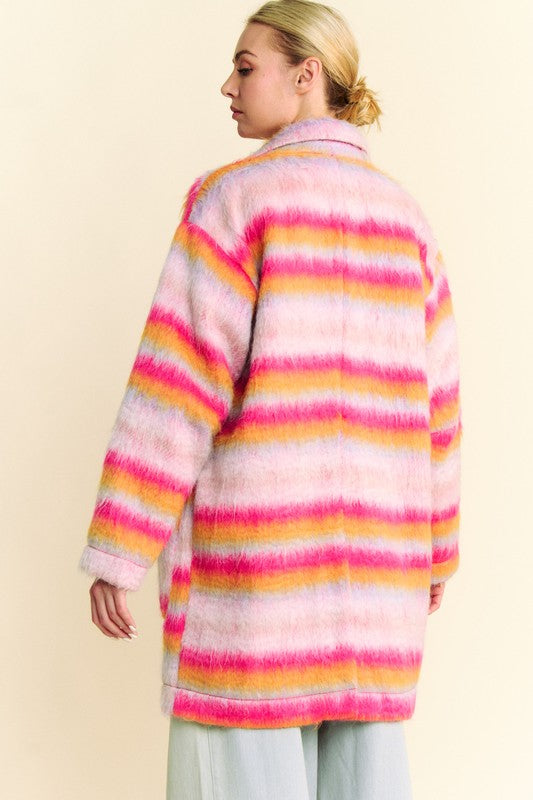 Davi & Dani Fuzzy Pink & Orange Contrast Striped Open Front Coat Coats & Jackets