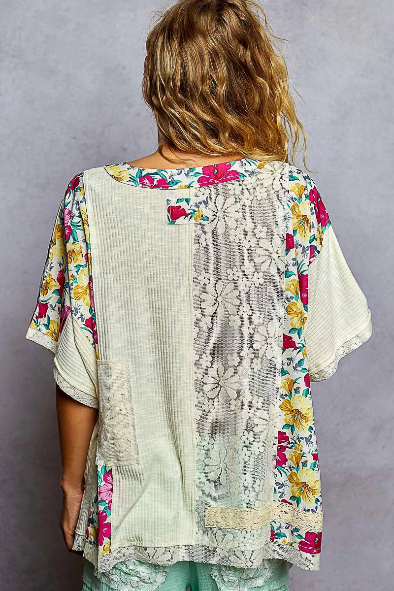 POL Natural Lace Round Neck Short Sleeve Floral Pattern Top with Patch Detail