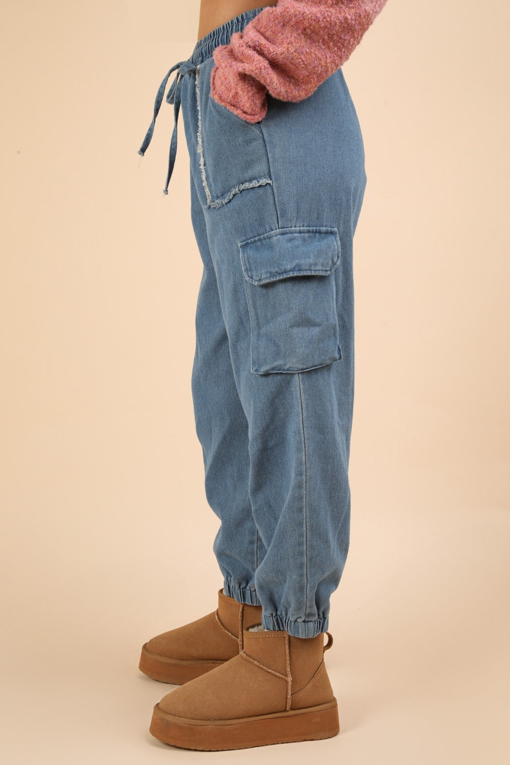 VERY J Indigo Washed Drawstring Jogger Cargo Jeans Trendsi