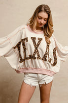 BiBi Oatmeal & Rose Leopard Print Texas Patchwork Overlock Stitch Top