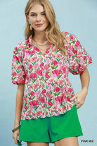 Umgee Pink Mix Floral Puff Sleeve Blouse with Scalloped Details PINK MIX