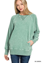 Zenana Dark Green Halo Snow Washed French Terry Round Neck Sweatshirt