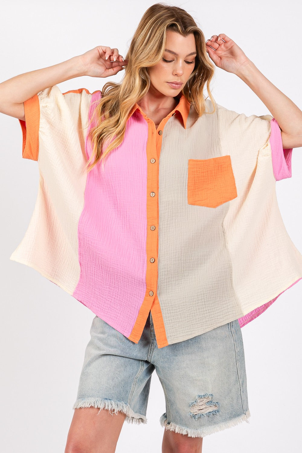 SAGE + FIG Pink Multi Color Block Button-Down Shirt Trendsi