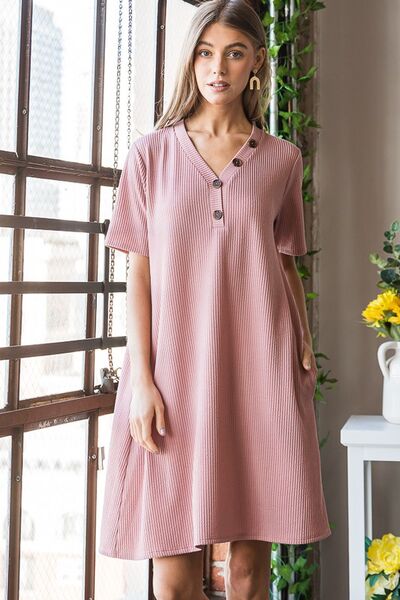 Heimish Solid Ribbed Rose Mini Dress with Buttons