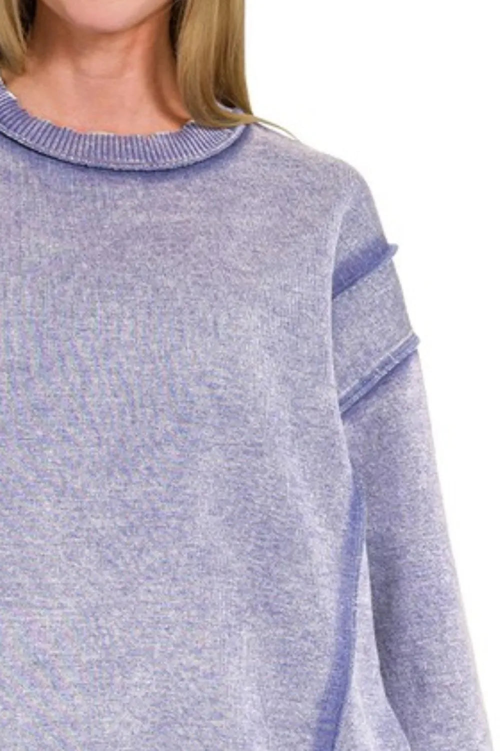Zenana Marlin Acid Wash Exposed-seam Fleece Sweatshirt