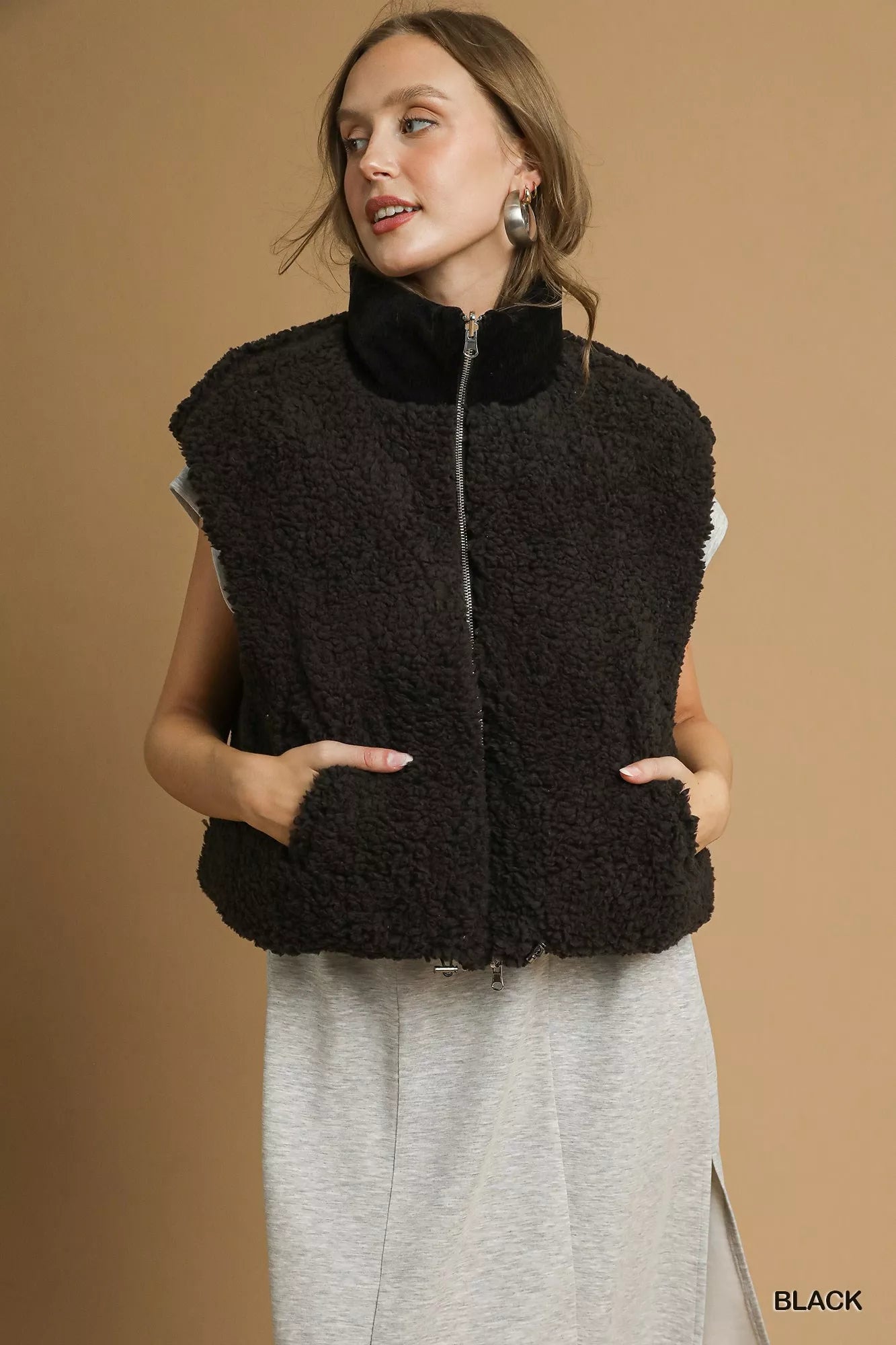 Umgee Sherpa-Lined Zip Vest with Drawstring Hem – Black