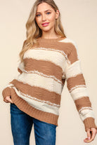 Haptics Striped Contrast Distressed Sweater Camel Ivory