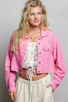 POL Eyelet Textured Cotton Cropped Button-Front Jacket CANDY PINK