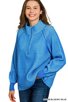 Zenana OCEAN BLUE/SKY BLUE Ribbed Two Tone Half Zip Sweater