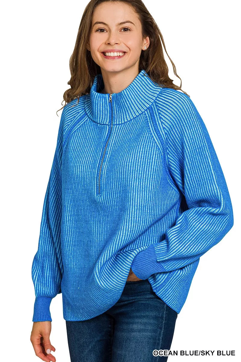 Zenana OCEAN BLUE/SKY BLUE Ribbed Two Tone Half Zip Sweater