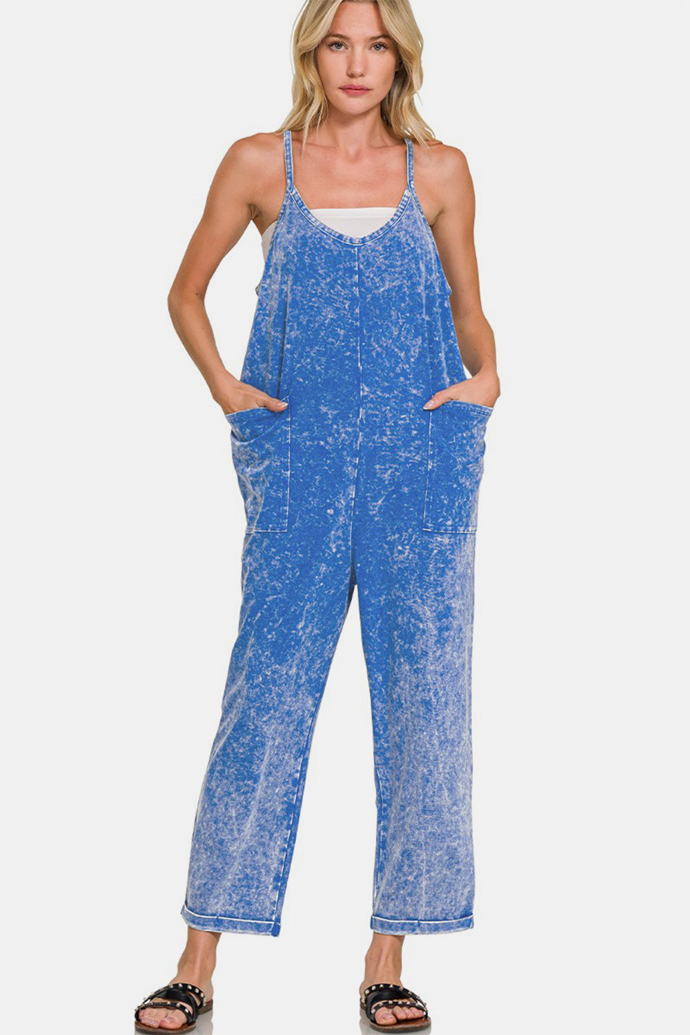 Zenana Classic Blue Acid Washed Spaghetti Straps Overalls with Pockets Classic Blue Trendsi