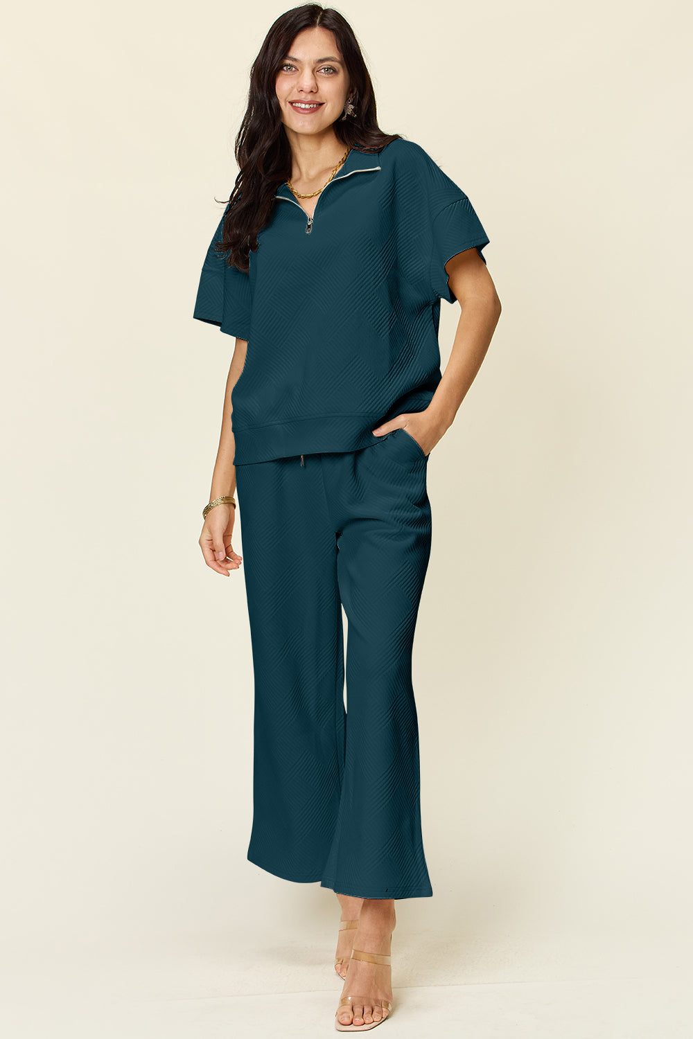 Double Take Quilted Textured Half Zip Short Sleeve Top and Pants Set Deep Teal Trendsi