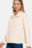 Zenana Cream Turtleneck Half Snap Fleece Sweatshirt Shirts & Tops