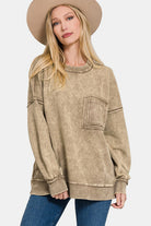 Zenana Mocha Acid Washed French Terry Exposed Seam Dropped Shoulder Sweatshirt Mocha Trendsi