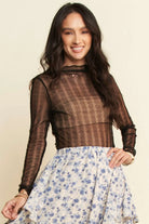 Davi & Dani Black Turtle Neck Lace Dotted Stretch Mesh Sheer Top BLACK